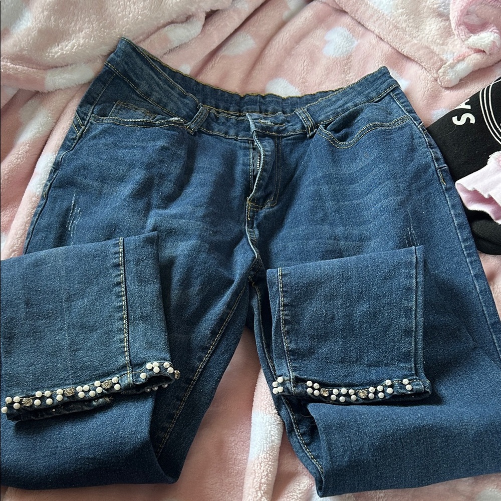 Blue Pearl-Embellished Women Jeans